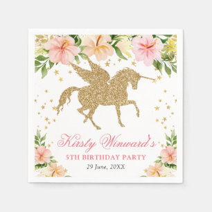Serviette En Papier Fleurs tropicales roses licorne dorée fête d'anniv
