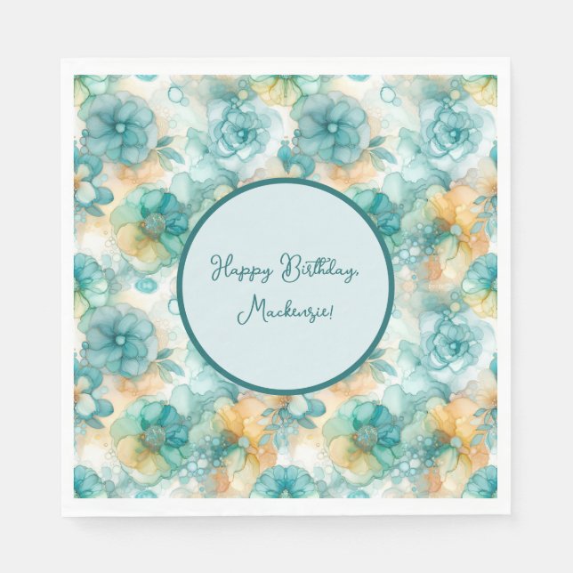 Serviette En Papier Fleurs turquoises et jaunes Illustration de l'encr (Devant)