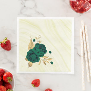 Serviette En Papier fleurs vert émeraude feuilles or marbre