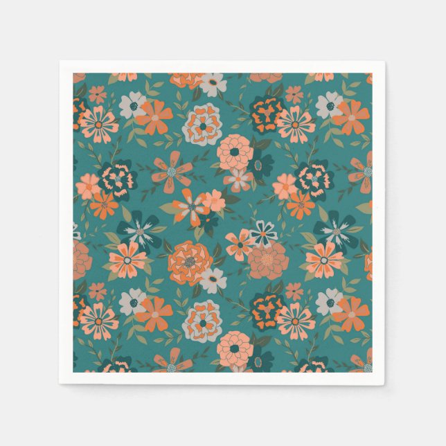 Serviette En Papier Fleurs Vert Orange Motif Botanique (Devant)
