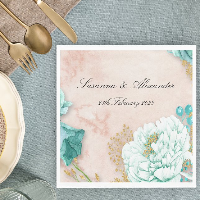 Serviette En Papier Fleurs vertes Neo Mint et Mariage Boho Rose (Créateur téléchargé)