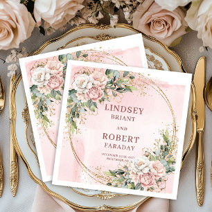 Serviette En Papier Fleurs Vertes Rose Poudré avec Paillettes Dorées