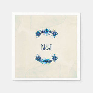 Serviette En Papier Fleurs vintage à l'aquarelle bleu indigo et beige