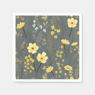 Serviette En Papier Fleurs vintages gris et jaune