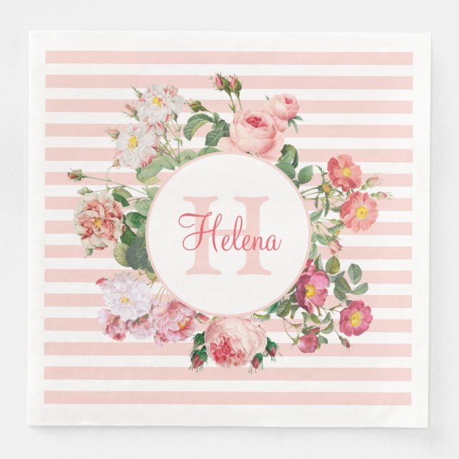 Serviette En Papier Fleurs vintages Pink Stripes Monogramme (Devant)