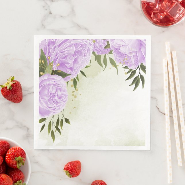 Serviette En Papier Fleurs violettes boho feuilles vertes botanique  (En situation)