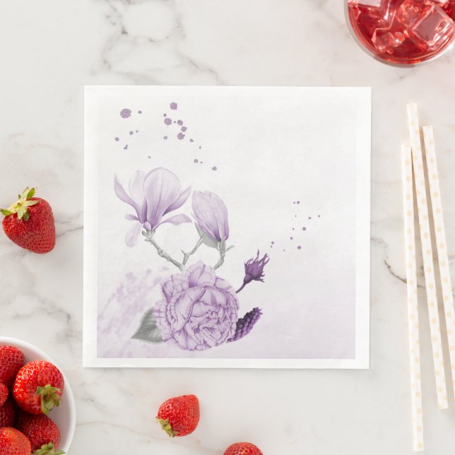Serviette En Papier fleurs violettes botaniques mariage (En situation)