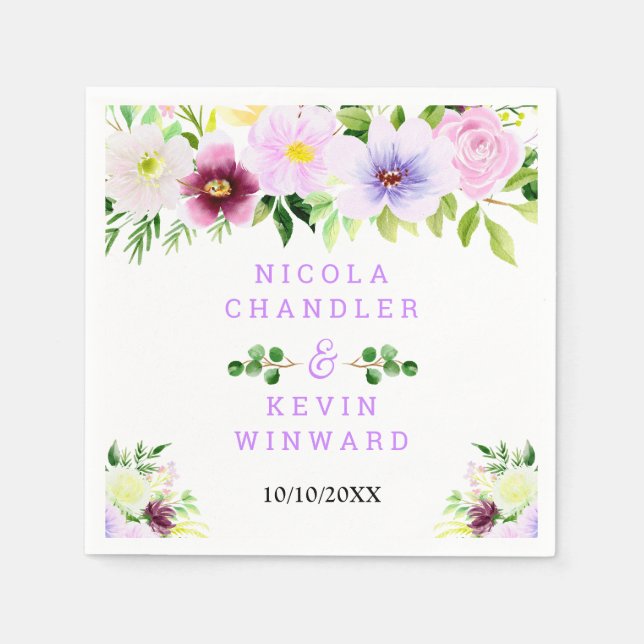 Serviette En Papier Fleurs violettes de printemps avec feuillage (Devant)