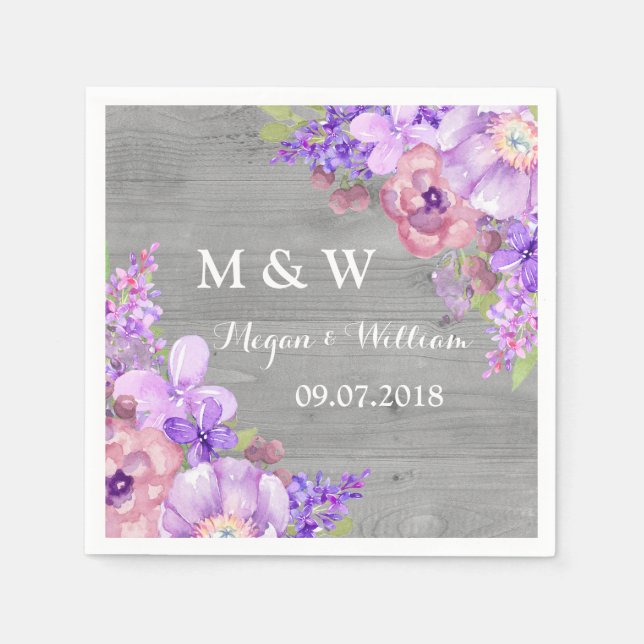 Serviette En Papier Fleurs violettes en bois rustique Mariage Monogram (Devant)