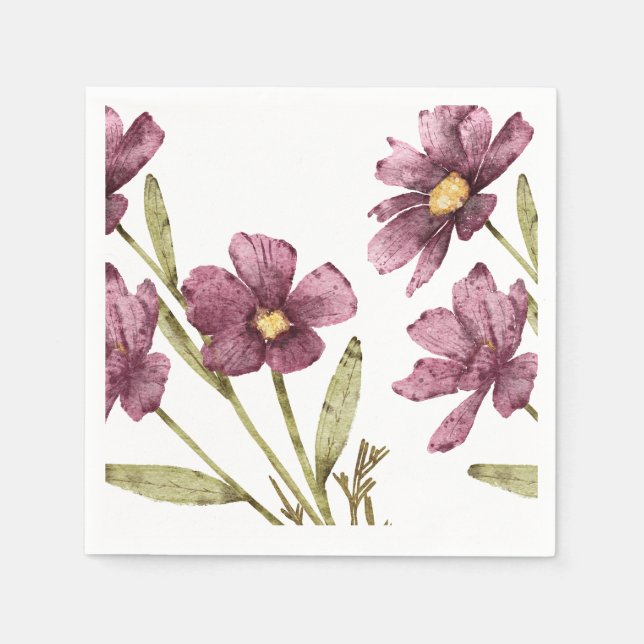 Serviette En Papier Fleurs Violettes et Feuillage à l'Aquarelle Peints (Devant)