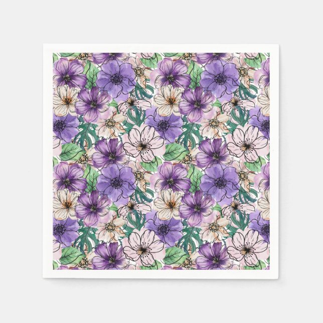 Serviette En Papier Fleurs violettes et roses (Devant)