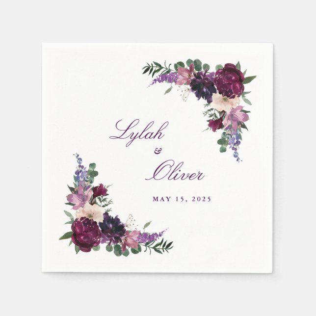 Serviette En Papier Fleurs violettes luxuriantes | Mariage romantique (Devant)