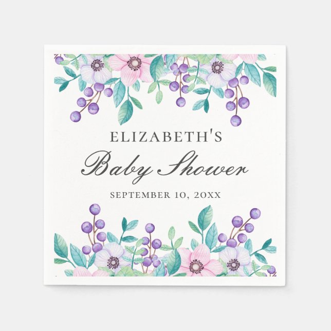 Serviette En Papier Fleurs violettes roses. Baby shower floral aquarel (Devant)
