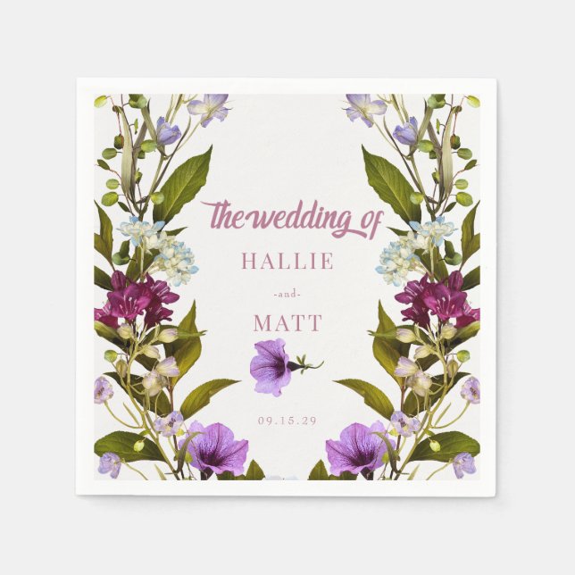 Serviette En Papier Fleurs violettes roses | Mariage en fleurs (Devant)