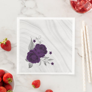 Serviette En Papier fleurs violettes royales feuilles argent marbre