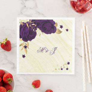Serviette En Papier fleurs violettes royales feuilles d'or marbre