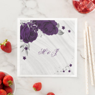 Serviette En Papier fleurs violettes royales marbre feuille argent