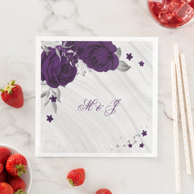 Serviette En Papier fleurs violettes royales marbre feuille argent (En situation)