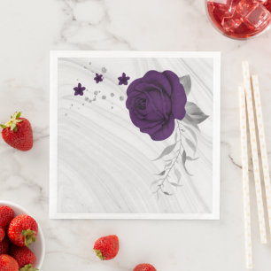 Serviette En Papier fleurs violettes royales marbre feuille argent