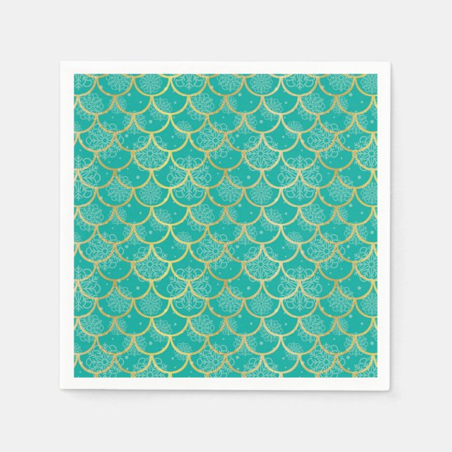 Serviette En Papier Flocon de neige turquoise et or avec écailles de p (Devant)