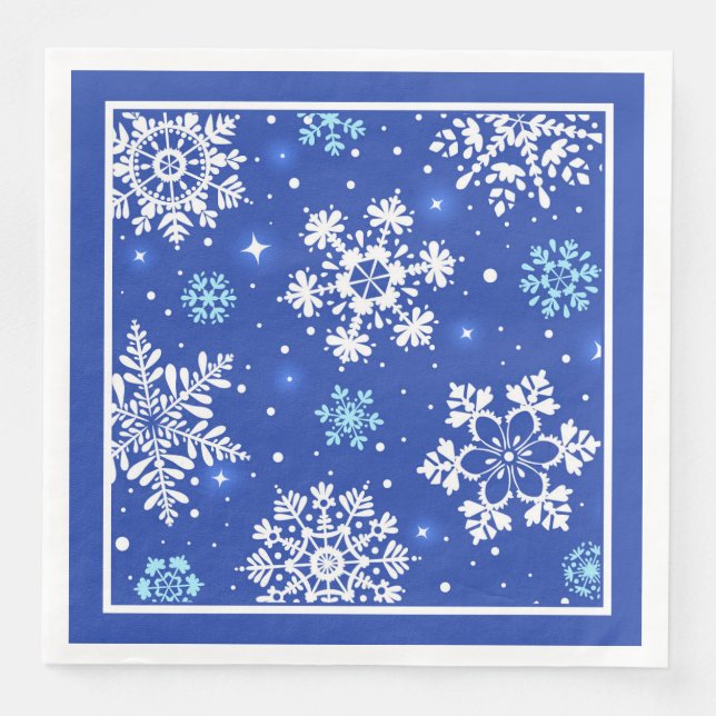 Serviette En Papier Flocons blancs sur fond bleu (Devant)