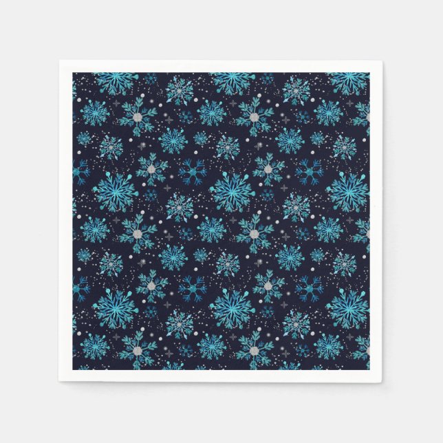 Serviette En Papier Flocons de neige bleus et argentés d'hiver (Devant)
