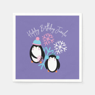 Serviette En Papier Flocons de neige d'anniversaire de pingouin rose b