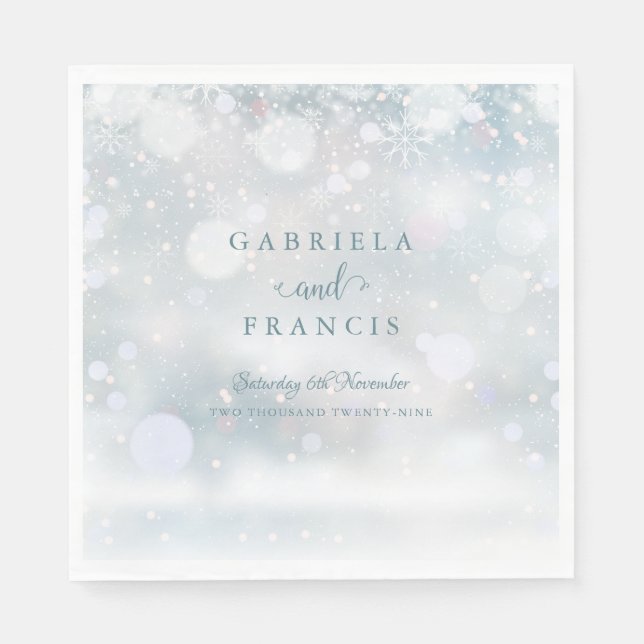 Serviette En Papier Flocons de Neige de Mariage d'Hiver Écriture Éléga (Devant)