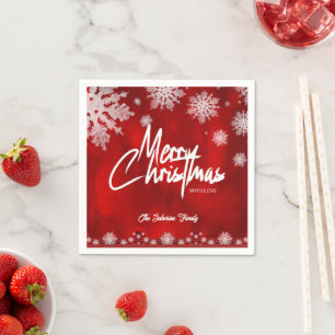 Serviette En Papier Flocons de neige de Noël modernes élégants rouges