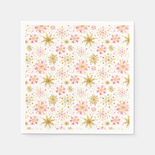Serviette En Papier Flocons de neige roses et dorés d'hiver (Devant)