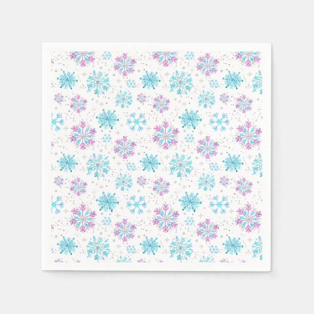 Serviette En Papier Flocons de neige violets et bleus d'hiver (Devant)