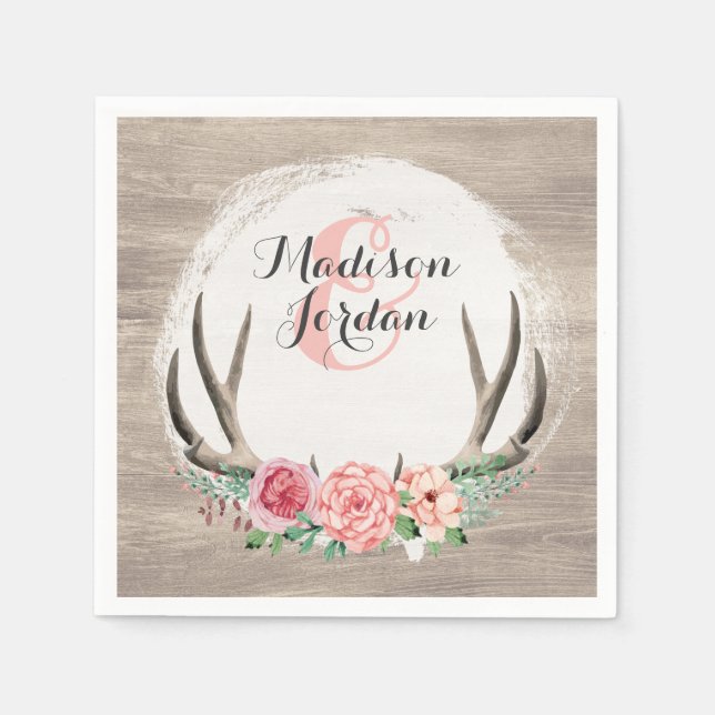 Serviette En Papier Floral Antlers Mariage en bois rustique Personnali (Devant)