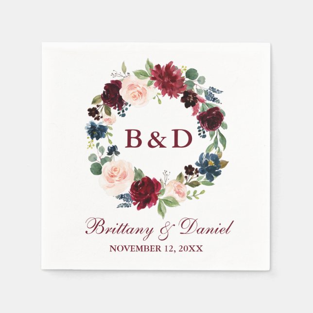Serviette En Papier Floral Aquarelle Wreath Burgundy Bleu Mariage (Devant)