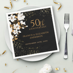 Serviette En Papier Floral Black Gold 50e anniversaire Mariage