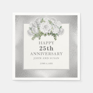 Serviette En Papier Floral blanc argenté 25e anniversaire Mariage