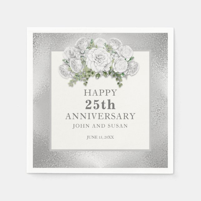 Serviette En Papier Floral blanc argenté 25e anniversaire Mariage (Devant)