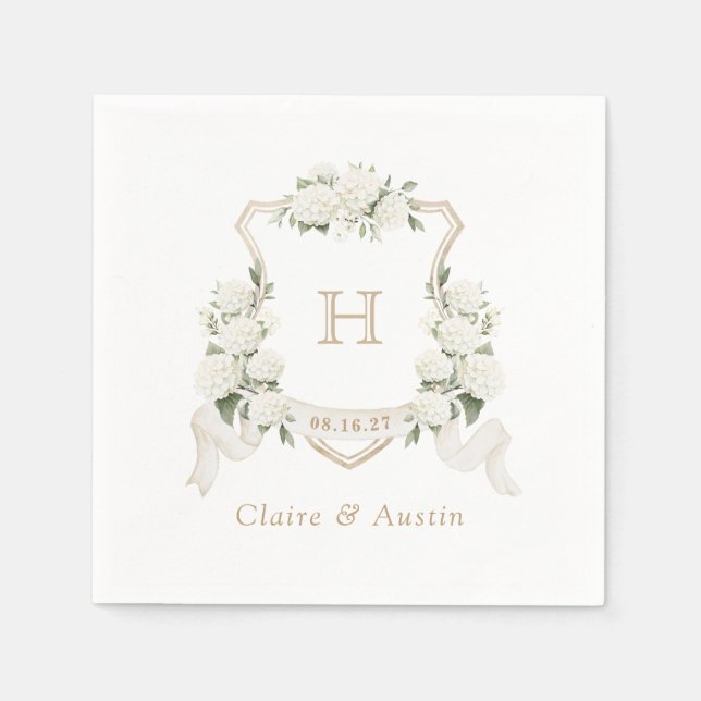 Serviette En Papier Floral Blanc Hydrangea Crest Mariage Monogramme (Devant)