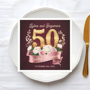 Serviette En Papier Floral blanc rose Golden 50e anniversaire de Maria