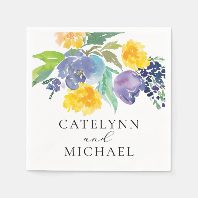 Serviette En Papier Floral bleu et jaune de la marine Élégant (Devant)