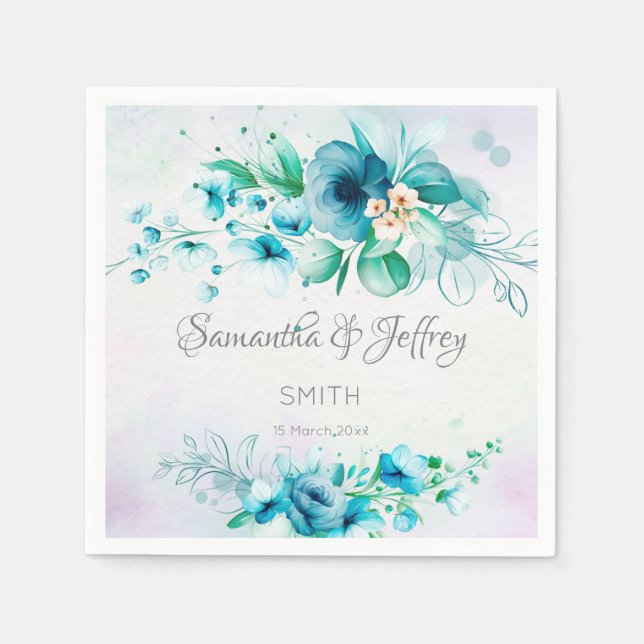 Serviette En Papier Floral bleu turquoise vert (Devant)