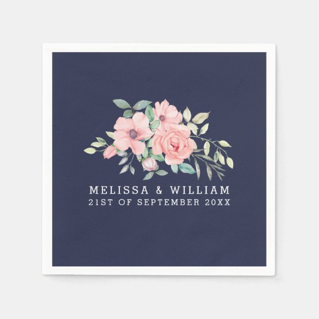 Serviette En Papier Floral Blush Aquarelle Mariage Marine (Devant)