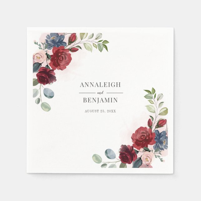 Serviette En Papier Floral Bourgogne Aquarelle Mariage de feuillage (Devant)