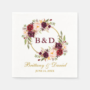 Serviette En Papier Floral Burgundy Wreath Gold Monogram Mariage