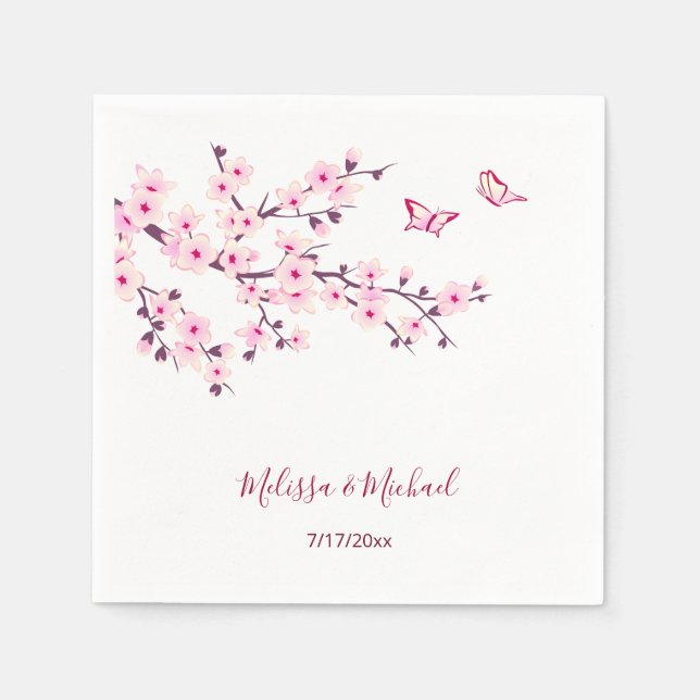 Serviette En Papier Floral Cherry Blossoms Vos Noms Mariage (Devant)