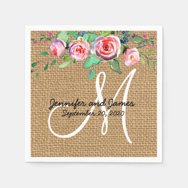 Serviette En Papier Floral Chic Burlap Rustique Monogramme Mariage (Devant)