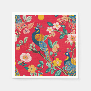 Serviette En Papier Floral Chinoiserie Rouge avec Peacocks