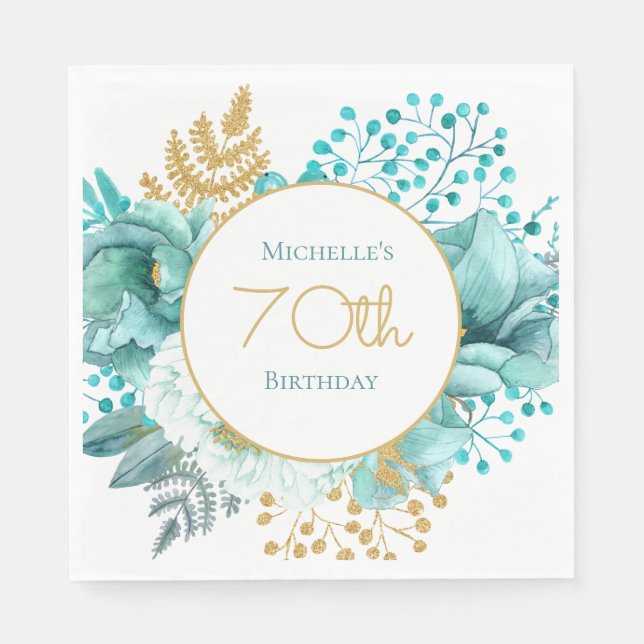 Serviette En Papier Floral d'or turquoise 70e anniversaire (Devant)
