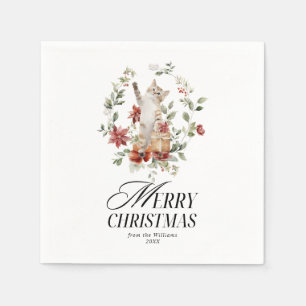 Serviette En Papier Floral Elegant Aquarelle Chat Joyeux Noël