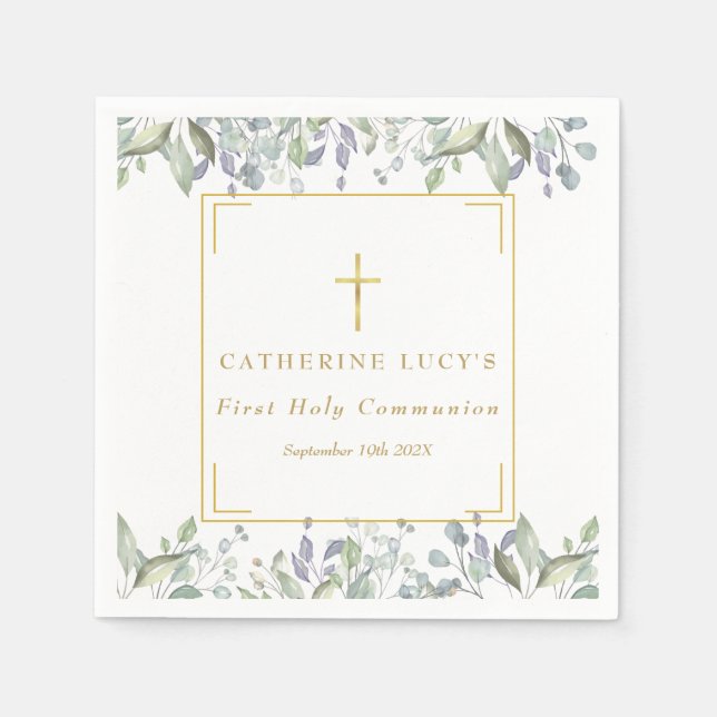 Serviette En Papier Floral Elegant Gold Cross Première Sainte Communio (Devant)