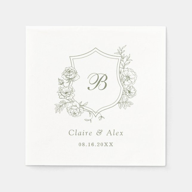 Serviette En Papier Floral Élégant Rose Crest Sage Vert Monogramme (Devant)